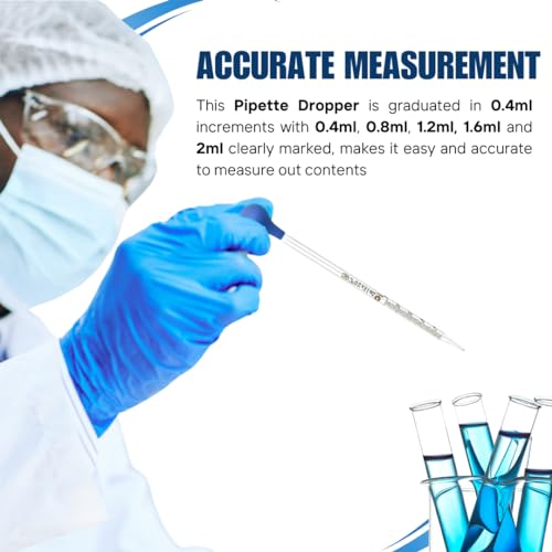 Multipurpose Glass Pipettes Droppers, 2ml Graduated, Blue Rubber Head, Straight-Tip Calibrated Thick Glass to Transfer Fluid, Liquids, Essential Oils, Accurate Easy Dose & Measurement - 8" Long