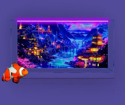 48X24IN Blacklight Japanese Anime Black Light Aquarium Background, UV Art City Night Fish Tank Background Scenery Terrarium Background with 10 EVA Double-Sided Tape - size: 48X24in/120X60cm