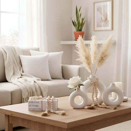 8 Pcs Rustic Vase Centerpieces Set Included Boho Ceramic Vase Decorative Books Wood Bead Garland with Tassels for Farmhouse Table Island Living Room Decor(with God All Things are Possible)