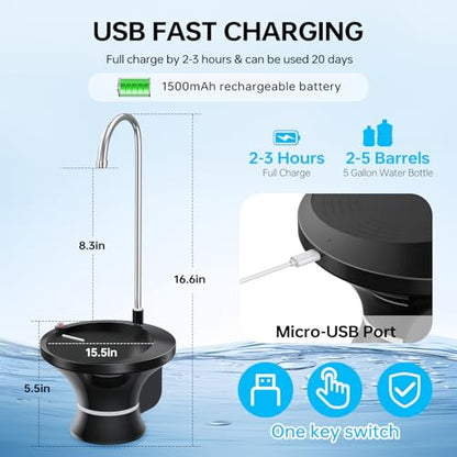 Drinking Water Dispenser Pump, Automatic Electric Drinking Water Bottle Pump for 2-5 Gallon Water Jugs, USB Rechargeable with 2 Switch Control, Stable and Portable for Home, Kitchen, Office, Camping