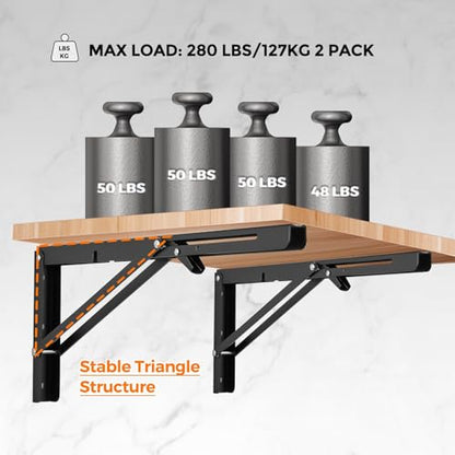 Ravinte -2 Pack 20 Inch Folding Shelf Brackets – Matte Black, Heavy Duty Collapsible Brackets for Tables and Benches – Space-Saving Design - size: 20 Inch