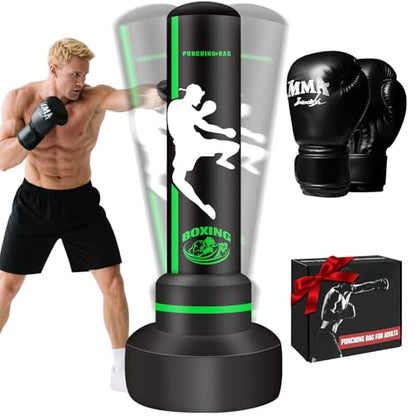 Heavy Punching Bag for Adults Teens, Standing Boxing Bag with Gloves - color: Green