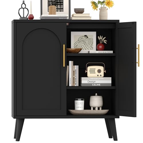 15.7" D Black Buffet Cabinet with Storage, Accent Buffet Sideboard with Adjustable Shelf and Solid Wood Legs, Modern Floor Storage Cabinet for Kitchen, Living Room, Black