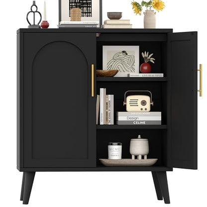 15.7" D Black Buffet Cabinet with Storage, Accent Buffet Sideboard with Adjustable Shelf and Solid Wood Legs, Modern Floor Storage Cabinet for Kitchen, Living Room, Black
