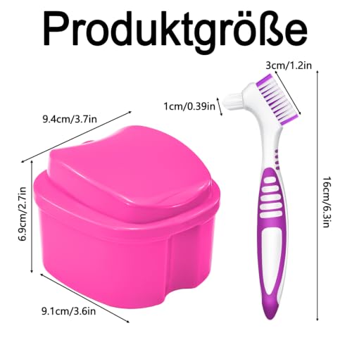 Denture Cup Retainer Cleaning Case False Teeth Soaking Container with 2 Brushes, Dental Retainer Cup Holder Case Denture Soaking Storage Box Case - White & Rose Red - color: White & Rose Red