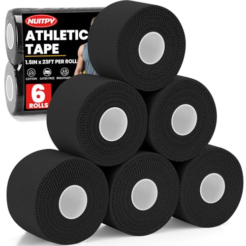 NUITPY 6 Pack Athletic Tape, Black Sports Tape, Easy Tear Wrist Tape, Strong Adhesion Tapes for Boxing, Gymnastics, Hockey, Soccer, Lacrosse and First Aid - color: Black-6 Rolls