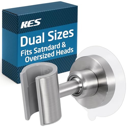 KES All Metal Shower Head Holder Adhesive, Dual-Size Opening Handheld Shower Head Holder Wall Mount for Standard & Oversized Shower Hose, Adjustable Shower Wand Holder, Brushed Steel, C208DF-BS - style: Brushed Steel