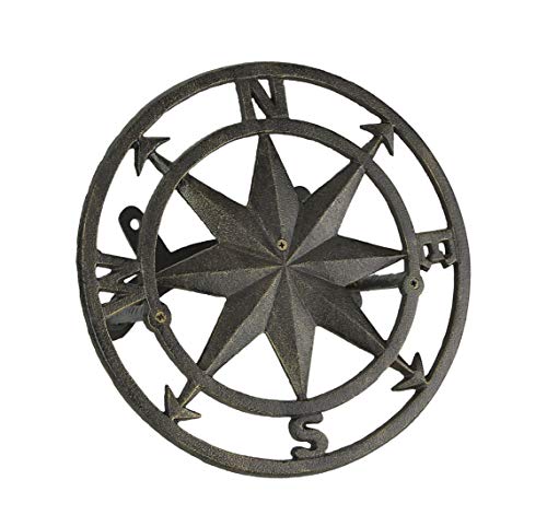 Bronze Finish Cast Iron Nautical Compass Rose Decorative Wall Mounted Garden Hose Hanger - Easy to Install - Coastal Outdoor Hose Holder Decor - 12 Inches in Diameter - color: Compass Rose - Bronze
