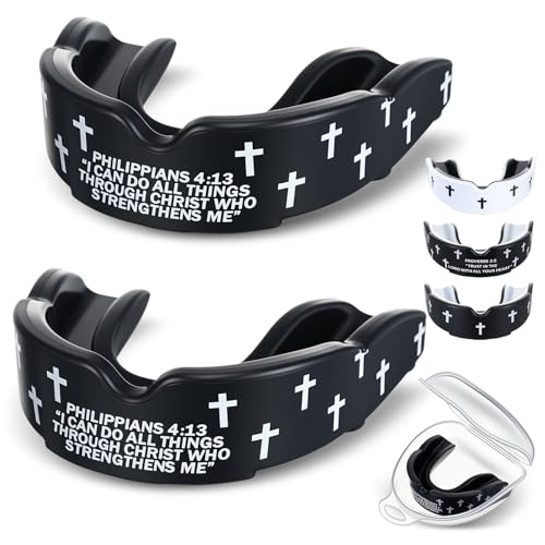 Yaomiao 2 Pcs Mouth Guards Christian Teeth Guards Sport Game Guard & Case Religious MouthGuard Soccer Football Basketball Baseball Wrestling Lacrosse Rugby Boxing Taekwondo - size: Adult, style: Black & Philip