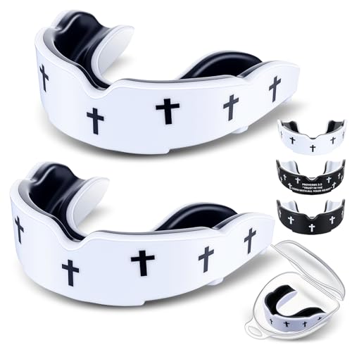 Yaomiao 2 Pcs Mouth Guards Christian Teeth Guards Sport Game Guard & Case Religious MouthGuard Soccer Football Basketball Baseball Wrestling Lacrosse Rugby Boxing Taekwondo - size: Adult, style: White & Cross