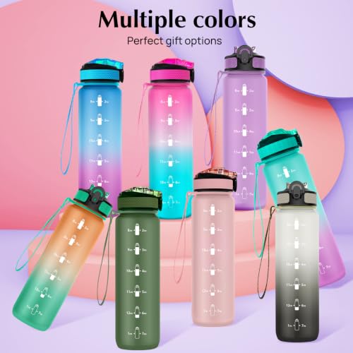 EYQ 32oz Water Bottle with Straw, Time Marker, Blue Purple - color: 2.Fuschia/Green Gradient