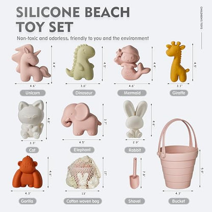 11Pcs Silicone Beach Toys,Collapsible Sand Bucket,Modern Baby Beach Toys,Travel Friendly Beach Set,Silicone Bucket,Shovel,Sand Molds, Beach Bag,Silicone Sand Toys for Toddlers, Kids (Pink)