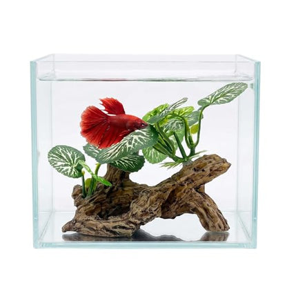 Aquarium Driftwood Decor 4 Inch - Resin Driftwood with Silk Plant Leaves, Fish Tank Decoration for Betta, African Dwarf Frog, Shrimp Hideout