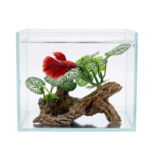 Aquarium Driftwood Decor 4 Inch - Resin Driftwood with Silk Plant Leaves, Fish Tank Decoration for Betta, African Dwarf Frog, Shrimp Hideout