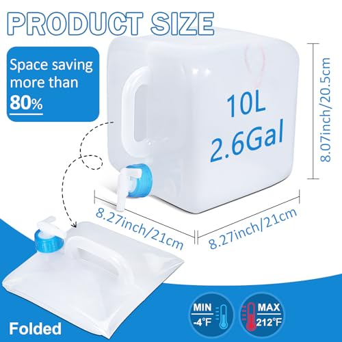 2 Pcs 2.6Gallons Water Storage Cube, BPA-Free Collapsible Water Container with Spigot, Leak-Proof Food-Safe Portable Water Jug for Camping, Hiking, Backpacking & Emergency Survival Kits - size: 2.6Gal