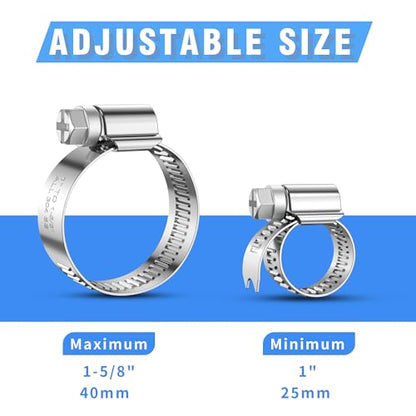 12PCS Adjustable Hose Clamps, 304 Stainless Steel Worm Gear, 1" to 1-5/8"(25-40mm), Rolled Edge No Perforations, Heavy Duty Reusable Pipe Clamp for Marine & Boat Application - size: 1" hose clamp to 1-5/8" hose clamp