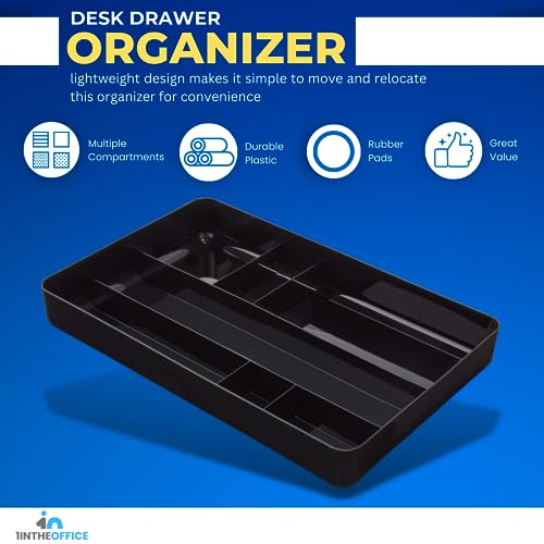 1InTheOffice Desk Drawer Organizer Tray, Desktop 7 Storage Compartment, Plastic, Black 14.13" L x 9.13" W x 2.04" H