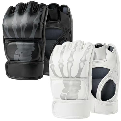2 Pairs MMA Gloves for Men and Women, Open Palm Boxing Gloves - color: Black White Bone