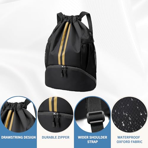 JELUTAR Drawstring Backpack Gym Bag with Shoes Pocket, Black Gold - color: Black Gold, size: Medium