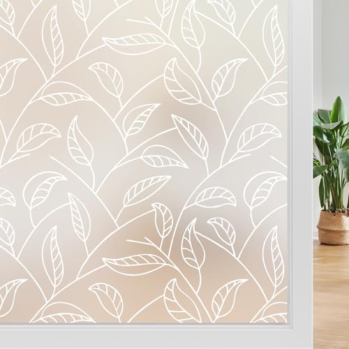 DKTIE Solid Color Leaf Lines Modern Minimalist Style Frosted Window Privacy Film Static Cling Removable Renter Friendly Two-Way Privacy Protection for Bathroom (S166-White, 17.7'' x 78.7'') - color: S166-white
