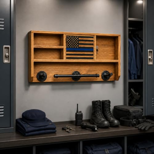 GUTE Police Wall Mounted Tactical Duty Gear Rack with Blue American Flag | First Responder Storage Shelf & Organizer for Policemen, Law Enforcement Holder | Gift Décor - style: Rack with Storage Lock