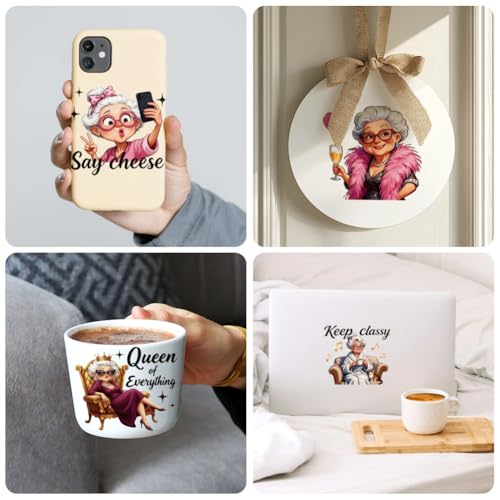Peacoblue 18 Sheets Rub on Transfers for Crafts, Funny Grandma 3.6"x3.9" UV DTF Cup Wraps Waterproof Rub on Cold Transfers Stickers for Wood Glass Metal Cup Tumblers Mirrors Mugs Home Decor - style: Funny Grandma