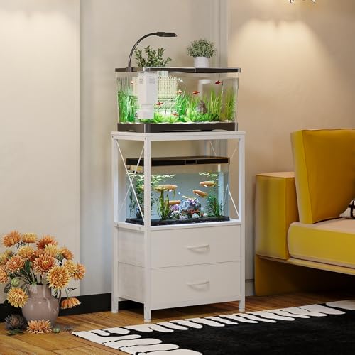 Fish Tank Stand 10 Gallon with 2-Tier Shelf, Aquarium Stand with 2 Drawers, Metal Frame Heavy Duty Reptile/Turtle Tank Stand for Home Office, Fish Tanks Accessories Storage, White