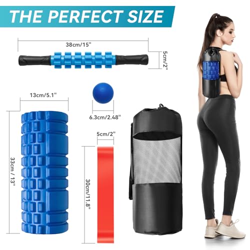 Krightlink 5 in1 Foam Roller Set High Density Foam Roller Muscle Recovery | Deep Tissue Muscle Massage Foam Roller for Exercise, Massage Roller, Massage Ball, Stretching Strap, for Whole Body Blue - color: Deep Blue