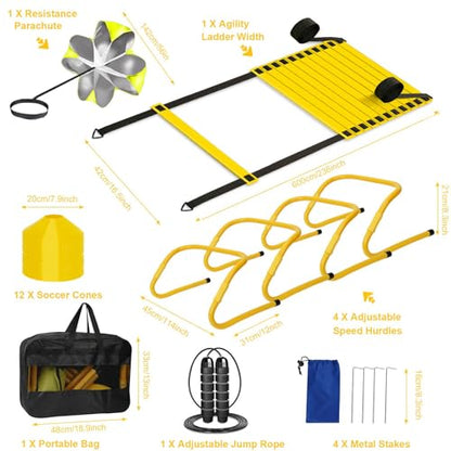 Agility Ladder, Soccer Training Equipment Set, 4 Agility Hurdles, 20ft Speed Ladder, Running Parachute, 12 Football Cones, Jump Rope | Soccer Basketball Athletes Speed Training - color: Yellow