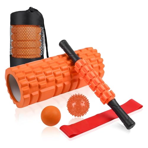 Aucuu 6 in 1 Foam Roller Set Includes Hollow Core Massage Roller, Yoga Stick, Massage Ball, Fitness Stretching Strap, Carrying Bag, Towel, Massage Roller (Orange) - color: Orange