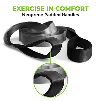 Stretching Strap for Physical Therapy, 12 Multi-Loop Stretch Strap 1.5" W x 8' L, Neoprene Handles, Physical Therapy Equipment, Yoga Straps for Stretching, Leg Stretcher. - color: Black/Grey
