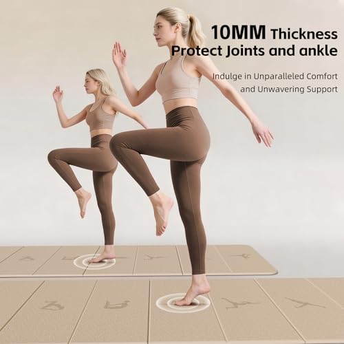 Extra Thick 10mm Foldable Yoga Mat, SGS Certified POE Non-Slip Mat, Multi-Purpose Exercise & Fitness Mats for Studio or Home - color: Beige-74"L x 26"W x 0.4"Th