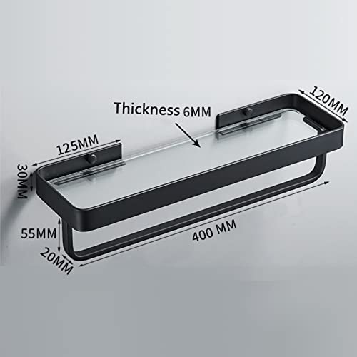 15.7" Bathroom Wall Shelf, Black Shower Caddy Shelves with Tempered Glass, Bathroom Shelves Wall Mounted with Towal Bar, Rectangle Glass Shelf for Shower Organization and Storage (1 Tier)