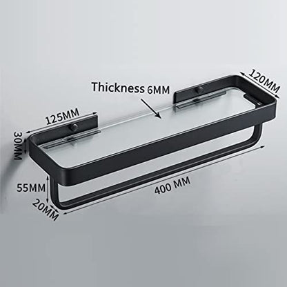 15.7" Bathroom Wall Shelf, Black Shower Caddy Shelves with Tempered Glass, Bathroom Shelves Wall Mounted with Towal Bar, Rectangle Glass Shelf for Shower Organization and Storage (1 Tier)