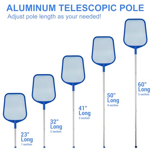 Pool Skimmer - Pool Skimmer Net with 5 Section Adjustable Telescopic Aluminum Pole, 23''- 60'', Pool Net Skimmer Rake with Ultra Fine Mesh , Pool Leaf Skimmer for Swimming Pools, Spas, Hot Tubs