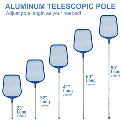 Pool Skimmer - Pool Skimmer Net with 5 Section Adjustable Telescopic Aluminum Pole, 23''- 60'', Pool Net Skimmer Rake with Ultra Fine Mesh , Pool Leaf Skimmer for Swimming Pools, Spas, Hot Tubs