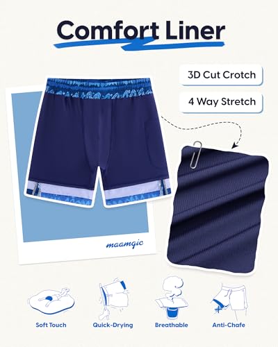 maamgic Mens Swim Trunks - Mens Bathing Suit with Compression Liner 7 Inch Quick Dry Fshion Stretch Zipper Pockets Swimwear - color: 2-navy Blue-navy Blue-layered Pattern, size: X-Large