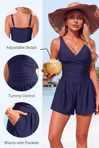 Smismivo Women's Tummy Control One Piece Swim Romper V Neck Swimsuit - color: Navy Blue, size: Medium