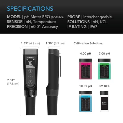 AC Infinity pH Meter PRO Kit, High Precision Digital pH Pen with ±0.01 pH Accuracy and Interchangeable Probe, Nutrient Test pH Meter for Water Hydroponics Plants, Gardening, Aquariums, Swimming Pools - size: pH Meter PRO Kit