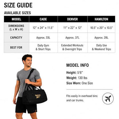 Reebok Lightweight Unisex Carry On Gym Duffle Bag for Men & Women, Sports - color: Hamilton Black With Gold Logo