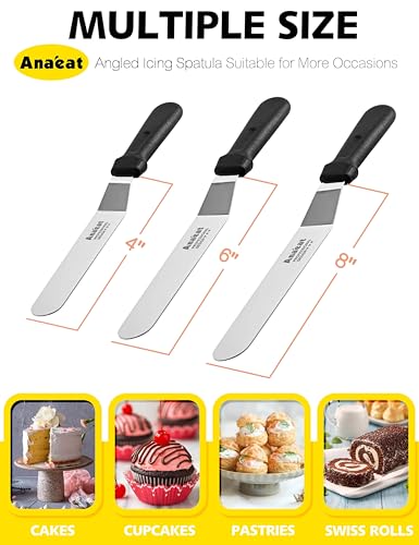 Anaeat Icing Spatulas, Set of 3 Professional Cake Angled Offset Spatula with 4", 6", 8" Stainless Steel Blades - Thickened Frosting Knife with Plastic Handle for Cake Decorating, Pastry & Baking