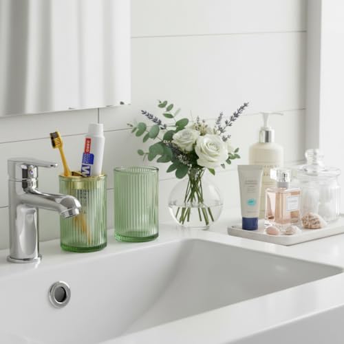 Toothbrush Holders for Bathrooms, 2pcs Glass Toothbrush Holder, 12oz Bathroom Tumbler and Mouthwash Cup, Tooth Brush and Toothpaste Organizer for Bathroom Vanity Countertop (Green Gold) - color: Green Gold