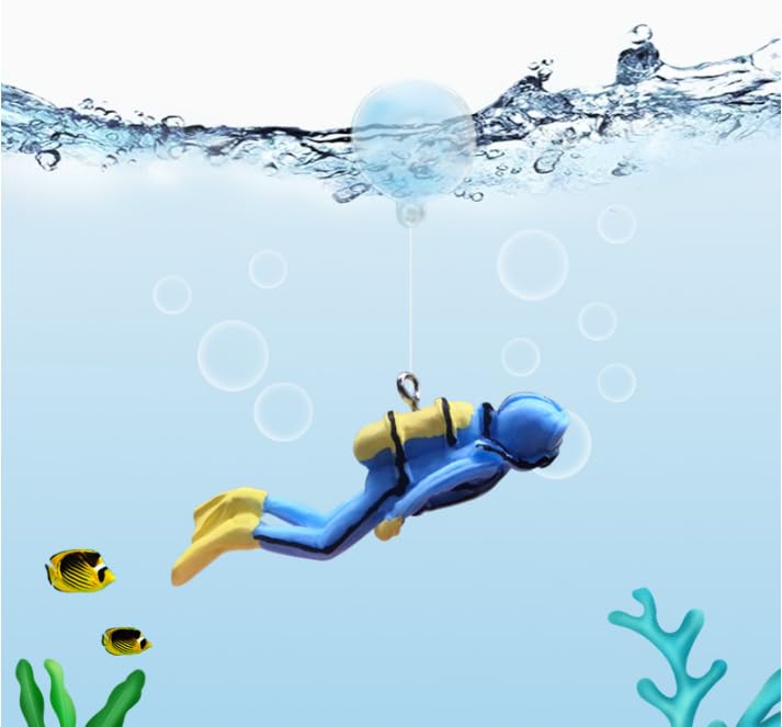 Blue Miniature Diver Figurine with Floating Ball, Resin Aquarium Decoration Micro Landscape Ornament for Fish Tank Pet Supplies