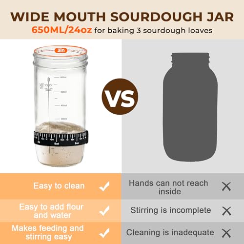 Sourdough Starter Kit, 650mL/24oz Wide Mouth Sour Dough Glass Jar Container with Lid, Fermentation Tank for Sourdough Bread Baking Supplies, Perfect for Beginners & Pro Bakers, transparent