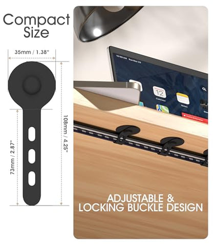 Cable Management Under Desk, Adjustable Self-Adhesive Silicone Cable Ties Cord Organizer, Reusable Heavy-Duty Cord Holder Under Table for Office, Home, School (10Pcs-Black)