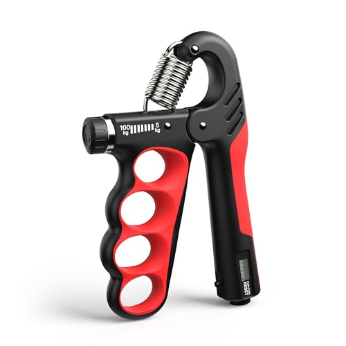 MACYO Grip Strength Trainer with Wider Handles - Adjustable Hand Grip Strengthener 11-220Lbs(5-100KG) for Large Hands, Automatic Counter & Ergonomic Design, Comfortable Forearm Workout for Athletes, Injury Recovery - color: Red