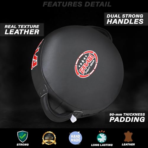 Farabi Sports Round Boxing Pad 100% Genuine Leather Punching Mitts Kick Pad Black Boxing Mitts MMA Muay Thai Taekwondo Kickboxing Training Strike Boxing Pads