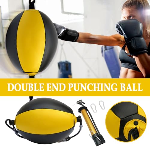 Double End Bag PU Leather Boxing Punching Bag | Includes Carabiners, Needle, Air Pump, Boxing Equipment Enhances Reaction, and Hand Eye Coordination Training - color: Yellow