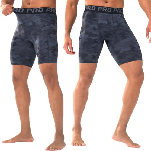 LANBAOSI Mens Compression Shorts with Phone Pocket Running Gym Yoga Athletic Tights Baselayer Summer Cool Dry Underwear Pack - color: Camo Black, size: Large