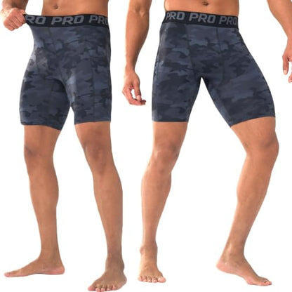 LANBAOSI Mens Compression Shorts with Phone Pocket Running Gym Yoga Athletic Tights Baselayer Summer Cool Dry Underwear Pack - color: Camo Black, size: Large